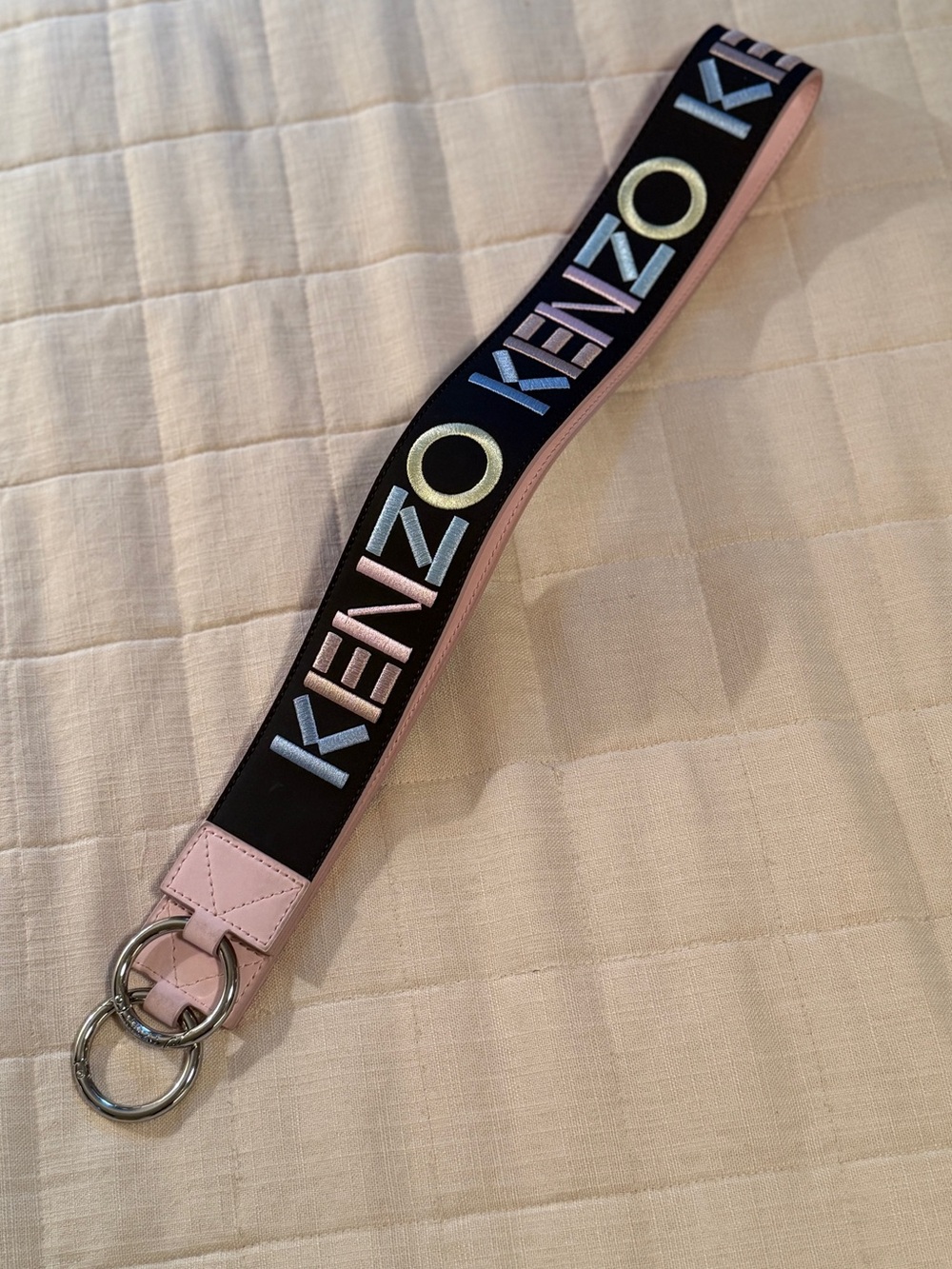 KENZO Bag Strap in Black with Pastel Embroidered Letters and Pink Trim